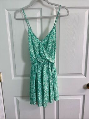 American Eagle Outfitters Mint Green Floral Wrap-Style shorts romper